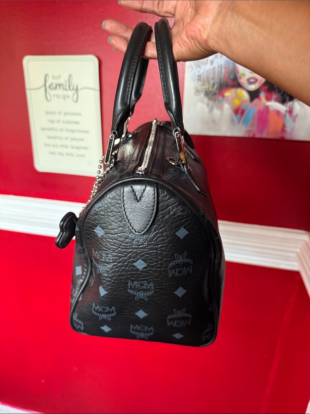 MCM Black Monogram Leather Satchel with Bone Charm - Picture 2 of 12